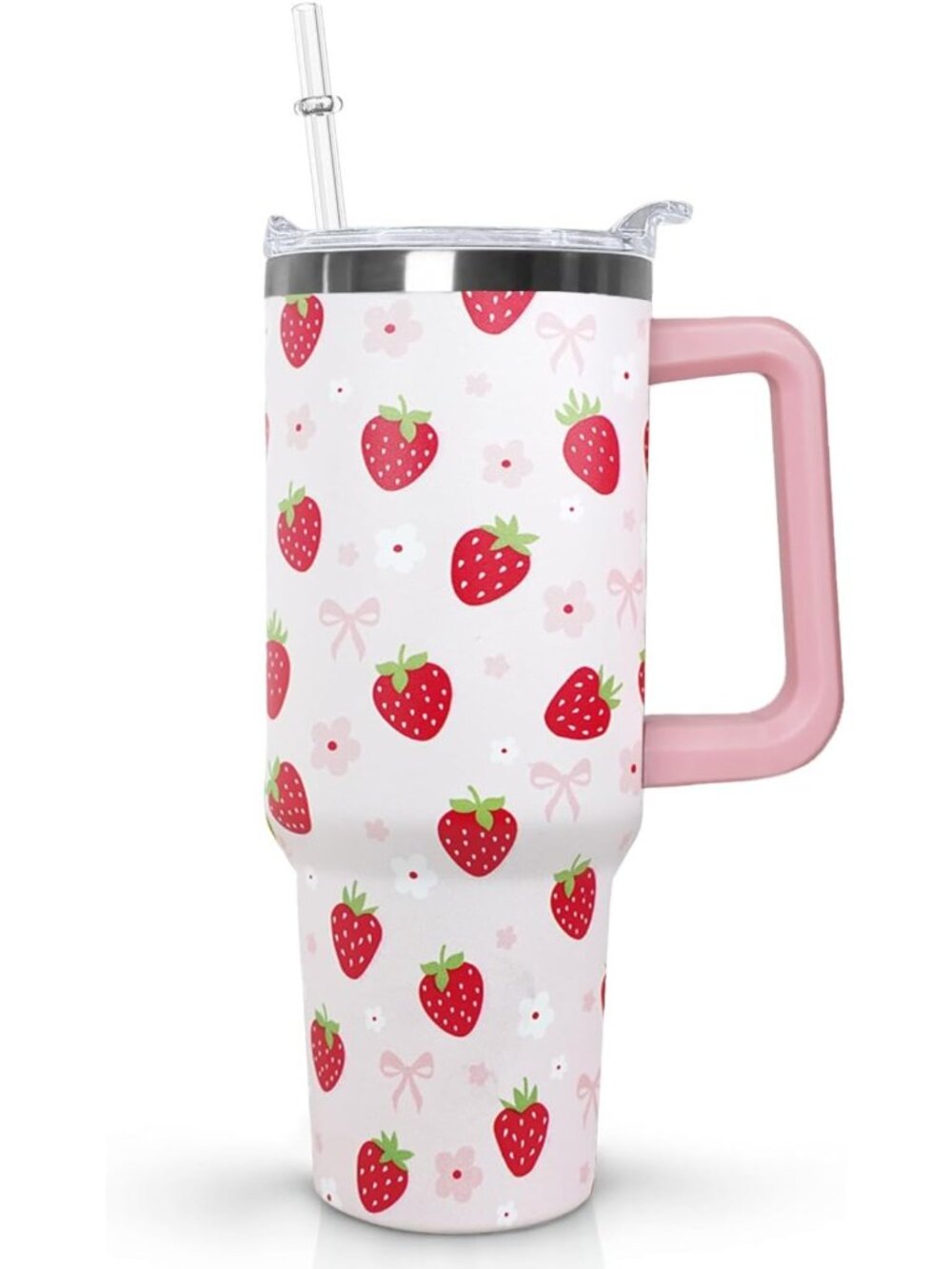 30 oz Pink Strawberry Travel Mug | Insulated Stainless Steel Tumbler with Handle